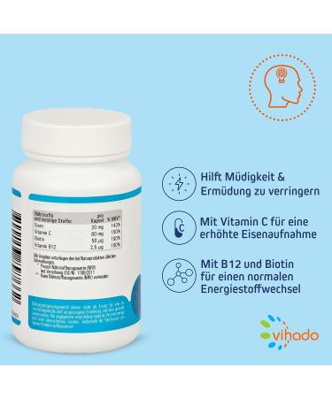 Vihado Iron Capsules - High-Dose Iron for Fatigue | Vitamin C B12 & Biotin - 90 Capsules for Enhanced Absorption & Nervous System Support - Buy Online on GoSupps.com