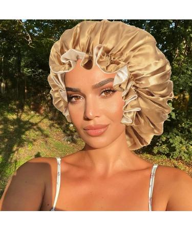 COOLCHI Satin Bonnet Cap Set for Women - Adjustable Silk Hair Wrap for Long Curly Hair - Khaki & Purple - Buy Online on GoSupps.com