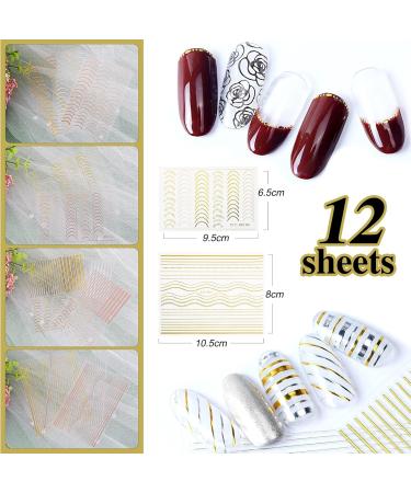12 Sheets 3D Metallic Nail Stickers Gold Silver Curve Stripe Lines Nails Stickers Adhesive Striping Tape Nail Art for Women Girls Acrylic Nails Manicure DIY and Nail Salon - Buy Online on GoSupps.com