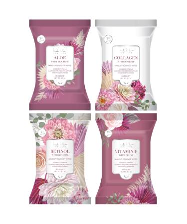 Nicole Miller 4 Pack Facial Cleansing Wipes (30 Count Each) , 120 Facial Cleansing Cloths, Removes Makeup, Mascara, Dirt and Oil (Aloe & Tea Tree, Collagen & Rosehip, Vitamin E & Peony, Retinol & Lavender) Floral