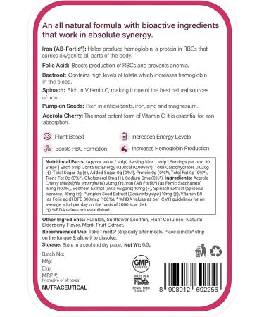 WELLBEING NUTRITION Melts Nano Iron 30 Oral Strips - Plant Based Iron with Vitamin C and Folate for Improved Hemoglobin & Blood Building - Buy Online on GoSupps.com