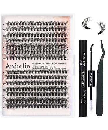 Eyelash Extension Kit 30D+40D 280PCS Cluster Eyelash Extensions Kit with Lash Bond and Seal and Eyelashes Clusters Tweezers 9-16mm Lash Clusters Kit DIY Wispy Individual Lashes Kit by Anforlin 30+40D Kit cluster lashes