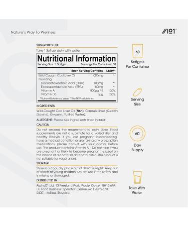 Wild-Caught Cod Liver Oil 1000mg - Omega-3 Fatty Acids, Vitamins A & D3 for Immune Health & Vision Support - 2 Months Supply, Non-GMO, Gluten-Free, Halal - 60 Softgels - Buy Online on GoSupps.com