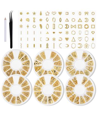 XEAOHESY 6 Boxes Gold Nail Charms for Nails Geometry Heart Moon Line Sea Creatures Metal Nail Studs 3D Nail Art Jewelry Decoration for Acrylic Nails With 1pc Tweezers and Wax Pencil for Rhinestones 6 Boxes Gold Nail Charms-02