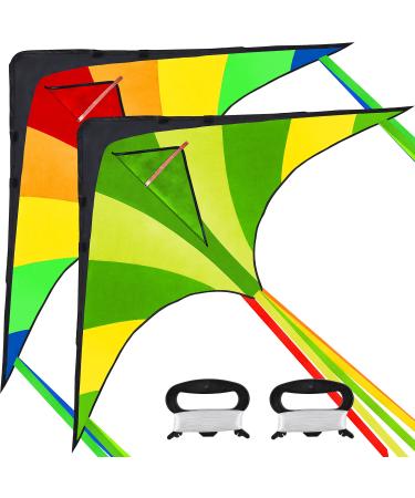 JOYIN 2 Packs Large Delta Kite Green and Rainbow Kite Easy to Fly Huge Kites for Kids and Adults with 262.5 ft Kite String, Large Delta Beach Kite for Outdoor Games and Activities