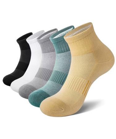 EKSHER Sneaker Socks Women 5 Pairs Cotton Terry Quarter Running Socks Running Colorful Sports Socks Men Breathable 35-38 Colorful-A2