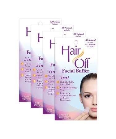 Hair Off Facial Buffer - All-Natural, Pain & Chemical Free Hair Removal - Exfoliates Skin - Slows & Lessens Regrowth - Good for Travel & Touch-Ups (3 Buffers Per Box, Pack of 4)