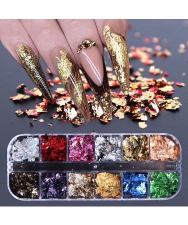 Gold Foil Nail Art Set  Nail Art Decals Stickers Fragments Nail Foil Art Nail Charms  DIY Manicure Nails Design Decal Decoration Gold Silver Leaf Flakes 12 Grids/Set