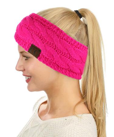 C.C Soft Stretch Winter Warm Cable Knit Fuzzy Lined Ear Warmer Headband, Neon Hot Pink