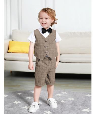 Mint Green Baby Boys Gentleman Suit Set | Shirt, Bowtie, Waistcoat & Shorts | Size 3-4 Years | Khaki Plaid - Buy Online on GoSupps.com