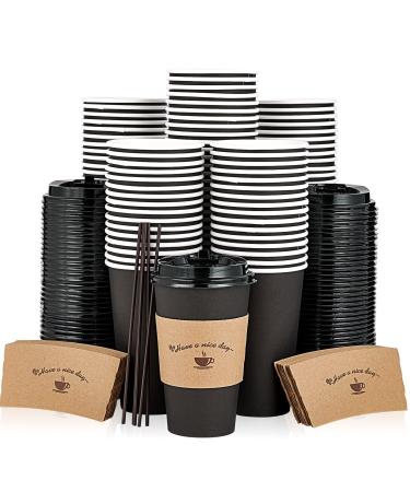 100 Pack 16 oz Paper Coffee Cups, Drinking Cups for Cold/Hot Coffee Chocolate Drinks, Disposable Coffee Cups with Lids, Sleeves and Stirring Sticks, Black Hot Coffee Cups for Home, Stores and Cafes. Black-16oz