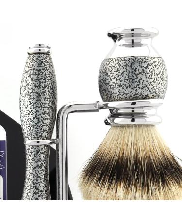 4Pc Men's Grooming & Shaving Kit - 3 Edge Razor Silver Tip Badger Brush Stand & Alum Pencil - Perfect Grooming Set for Men - Buy Online on GoSupps.com