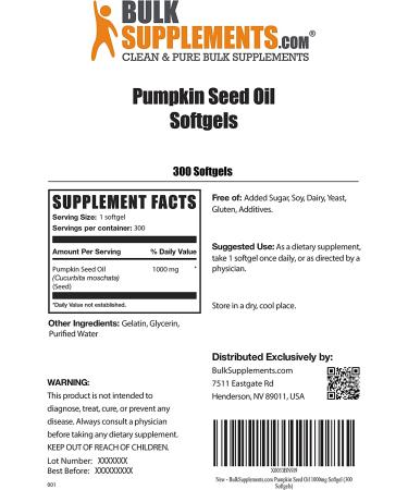 BulkSupplements Pumpkin Seed Oil 1000mg Softgel - Hair Support Supplement - 300 Count Capsules - Buy Online on GoSupps.com
