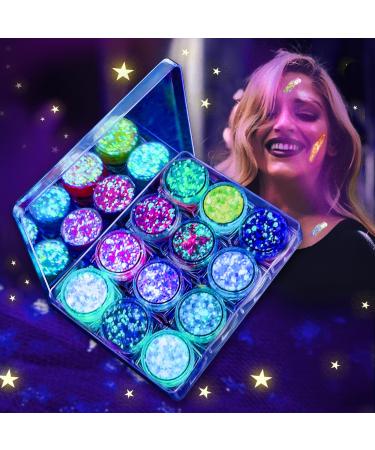 Sunnylisa 12 colors fluorescent body glitter gel mermaid sequin sparkling chunky glitter liquid gel festival glitter face hair lips masquerade birthday makeup with 2 brushes