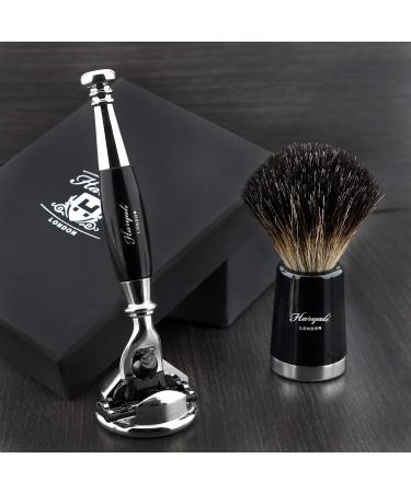Mens Shaving Kit 3 Edge Shaving Razor With Black Badger Hair Brush and Cone Shaped Razor Stand Perfect Set For Men