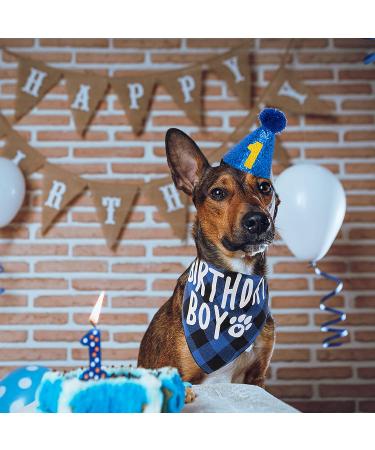 FLYSTAR Dog Birthday Bandana with Hat and Number - Blue Plaid Party Outfit for Small Medium Large Dogs - Buy Online on GoSupps.com
