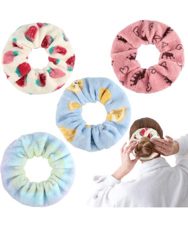 4 Pieces Hair Drying Scrunchies Microfiber Towel Hair Scrunchies Large Soft Fruits Hair Scrunchies Fuzzy Scrunchy Ponytail Holder for Hair Women Girls Wet and Dry Hair Accessories