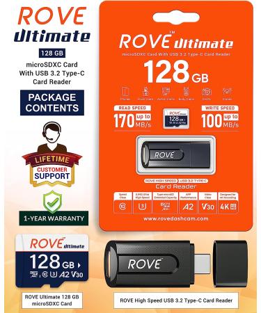 ROVE Ultimate 128GB Micro SDXC Memory Card with USB 3.2 Type C Card Reader - 170MB/s C10 U3 V30 4K A2 for Dash Cam, Android Devices, Tablets & Games - Buy Online on GoSupps.com