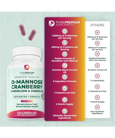 PurePremium D-Mannose with Cranberry Hibiscus & Dandelion - 1000mg D-Mannose Supplements for Women Supports Urinary Tract Health & Bladder Health - Made in USA Vegan 120 Capsules 2 Month Supply - Buy Online on GoSupps.com
