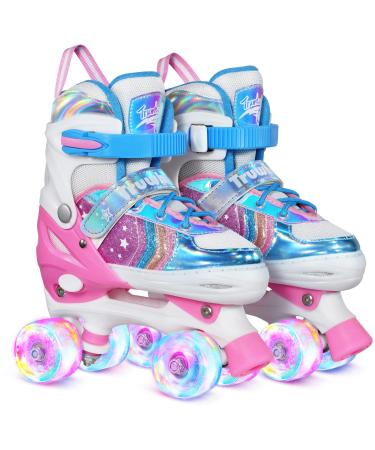 Truwheelz Rainbow Roller Skates for Girls Ages 6-12 & 3-5 | Adjustable Light up Roller Skates for Kids Blue Small-(6"-6.4")