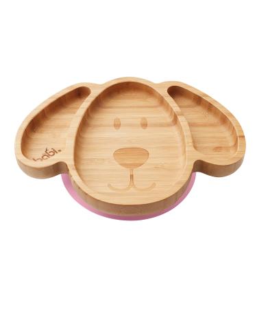 BABI Baby Toddler Large Dog Plate Natural Bamboo with Stay Put Silicone Suction Ring (Pink)