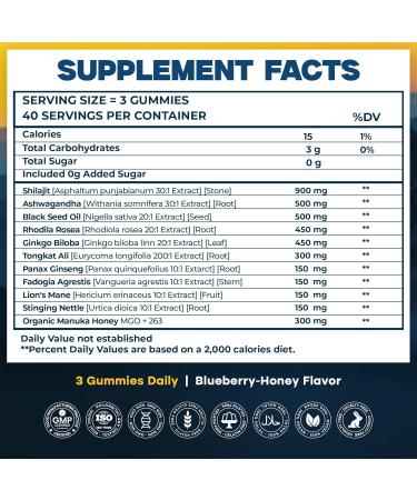 11-in-1 Shilajit Gummies for Men | Gold Grade | No Added Sugar | 120 Gummies Complex with Ashwagandha, Rhodiola Rosea, Ginkgo Biloba, Tongkat Ali, Panax Ginseng & Lions Mane | Organic - Lab Tested - Buy Online on GoSupps.com