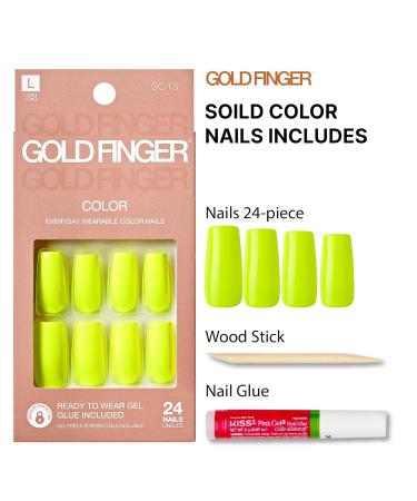 GoldFinger Neon Yellow False Nails Kit | Long Square Shape Fake Nails with Manicure Stick & Glue | Trendy Long-Lasting Glue-On Nails - Buy Online on GoSupps.com