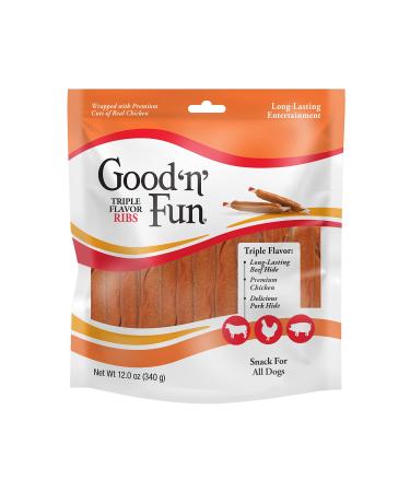 Good n Fun Triple Flavor Ribs, Rawhide Snack for All Dogs 12 Ounce (Pack of 1)