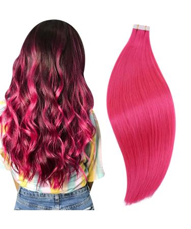 RUNATURE Tape in Hair Extensions Pink Tape in Human Hair Extensions 16 Inch Skin Weft Hair Tape in Pink Hair Extensions 25g 16 Inch Hot Pink