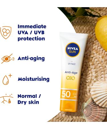 NIVEA SUN UV Face SPF50 Q10 Anti-Age & Anti-Pigment 50ml - UVA/UVB Protection, Anti-Ageing, No White Marks - Buy Online on GoSupps.com