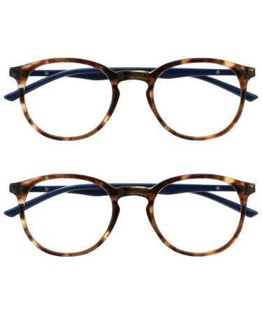 Opulize Met 2 Pack brown tortoisel navy flaw reading glasses big round men women women feather hinges rr60-2 +0.00 2 pieces (1 Pack) brown tortoise front dark blue arms