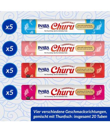 Inaba Churu Puree Multipack 20 Tubes (5x Tuna & Salmon 5x Tuna & Shrimp 5x Tuna & Scallops 5x Tuna & Crab) | Gourmet Cat Treats - 280g - Buy Online on GoSupps.com