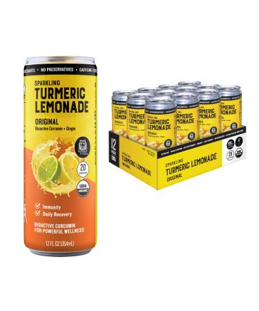 Golden Tiger | Organic Sparkling Turmeric Lemonade - Original | Bio Active Curcumin + Ginger - 12 Cans - Caffeine Free - Plant Based Immunity and Recovery Support - 20 Calories