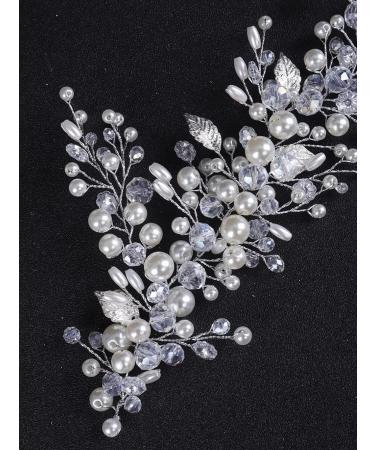 Deniferymakeup Bridal Pearl Headband Leaf Hair Piece Crystal Hair Vine Wedding Hair Accessory for Women and Girls (Silver) - Buy Online on GoSupps.com