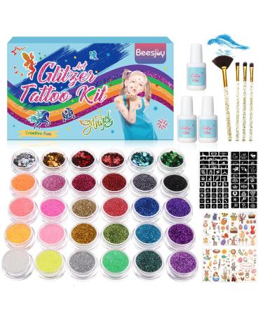 Glitter Tattoos Kit Gift for Kids 30 Colors Waterproof Temporary Tattoos with 133 Stencils  200 Stickers  4 Brushes  3 Glue  Body Glitter Festival Party  Adults & Kids Arts Glitter Make Up Kit  Christmas Gifts for Kids/C...