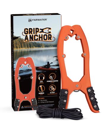 FARWATER Canoe Anchor Grip - Boat, Float Tube & Kayak Fishing Accessories, Kayaking Equipment - Brush Clamp Anchor with Teeth - Gripper with 15ft Paracord - Rubber Grips - Coated Steel - Orange