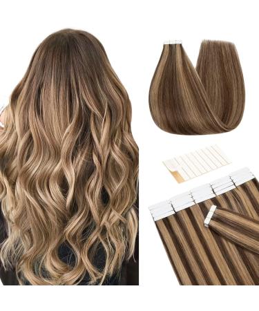 Tess Tape Extensions Real Hair Ombre Middle Brown/Dark Blond #4/27 Tape Hair Parts Tape In Hair Extension Remy Human Hair Glatt 10 pieces 20 "(50cm) -25g