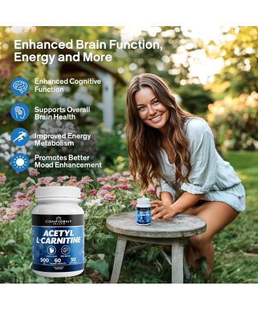 CONFIDENT HEALTH - Acetyl L-Carnitine 500mg - Premium Brain and Energy Support Supplement 60 Veggie Capsules Gluten Free 30 Servings One Month Supply - Buy Online on GoSupps.com