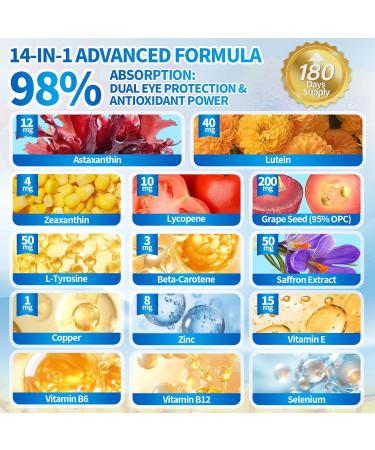 14-in-1 Astaxanthin 12mg & Lutein 40mg with Zeaxanthin Supplements, 6 Month Supply, Fresh Microalgae Source, Supports Eye, Skin, Antioxidant, Joint, Circulatory Health Non-GMO Gluten Free 180 Softgels 1 Bag | 180 Softgels - Buy Online on GoSupps.com