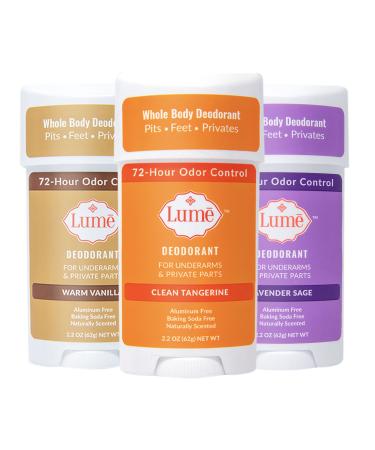 Lume Natural Deodorant - Underarms and Private Parts - Aluminum Free, Baking Soda Free, Hypoallergenic, and Safe For Sensitive Skin - 2.2 Ounce Cream Stick Three-Pack (Clean Tangerine, Lavender Sage, Warm Vanilla)