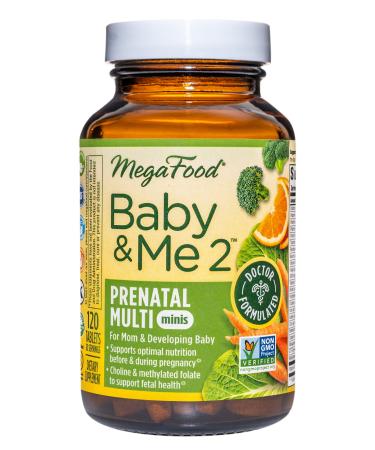 MegaFood Baby & Me 2 Prenatal Multi Minis - Prenatal Vitamins for Women with Folic Acid, Choline, Biotin, and More - Non-GMO - 120 Tabs (30 Servings)