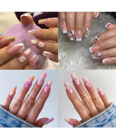 Ivyvy 96 Pcs 4 Packs Press on Nails Medium Fake Nails Sun flower & Plants Style False Glue on French Nails with Glue & Adhesive tape Static Nails C01