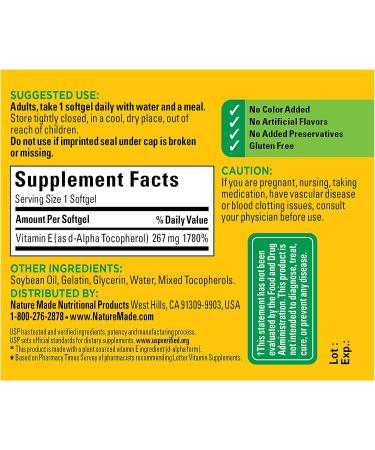 Nature Made Vitamin E 400 IU Softgels | Antioxidant Support Supplement | 100 Day Supply - Buy Online on GoSupps.com