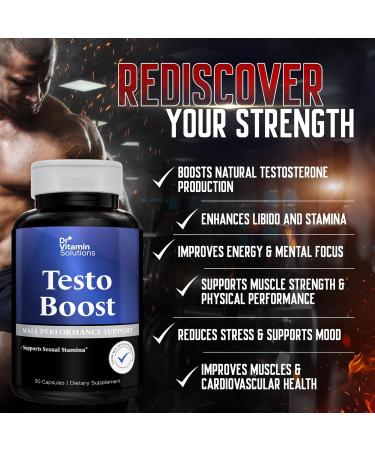 Dr. Vitamin Testo Boost Supplement for Men - Stamina Endurance & Energy Enhancement - Male Testosterone Booster w/ Fenugreek Tribulus Tongkat Ali Horny Goat Weed - 30 Capsules - Buy Online on GoSupps.com