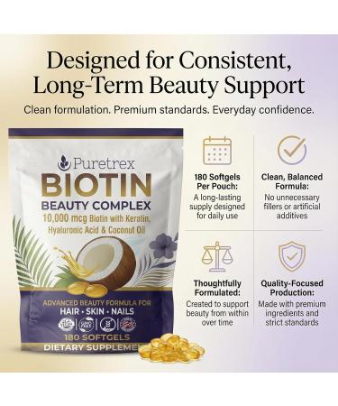 PURETREX Biotin 10,000mcg with Keratin, Hyaluronic Acid & Coconut Oil | 180 Advanced Softgels, Fast Absorption, 3 Month Supply | Supports Strong Hair, Skin & Nails | Non-GMO, Gluten-Free, UK Made - Buy Online on GoSupps.com
