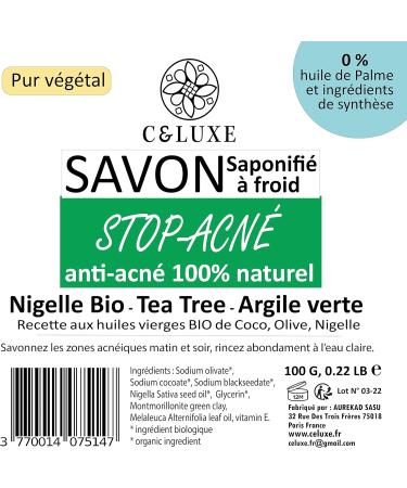 Anti-acne soap Nigella bio Tea Tree Green clay 100% natural cold saponified: oily and acne-prone skin antibacterial antifungal: Body Face. (lot of 1 unit: 100 Gr) - Buy Online on GoSupps.com