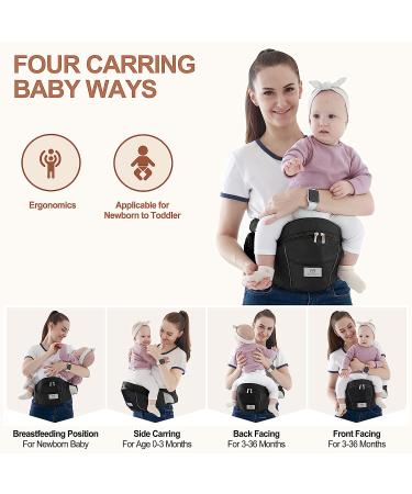 Baby Hip Carrier - Ergonomic Waist Stool for Newborn to Toddler - Soft Fabric Front Carrier with Pockets - Adjustable Waistband (Black) - Buy Online on GoSupps.com
