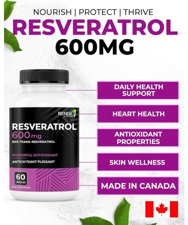 Renew Actives Resveratrol Supplement 600mg per Serving - High-Potency Antioxidant Complex with 50% Trans-Resveratrol Supports Cellular Health & Longevity - Made in Canada 60 Vegan Capsules - Buy Online on GoSupps.com