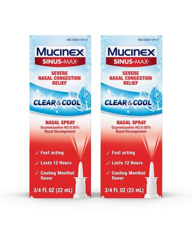 Mucinex Sinus Max Clear & Cool Nasal Decongestant Spray Cooling Menthol Flavor 0.75 fl oz Fast Acting Medicine that Lasts 12 Hours Relieves Sinus Pressure and Nasal Congestion