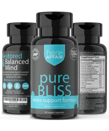Pure Bliss Stress Relief Supplement - Natural Formula Helps to Calm Mood & Ease Worry - w/Ashwagandha  L-Theanine  Vitamin B-Complex & Vitamin D3 | Non-GMO - 60 Vegan Capsules